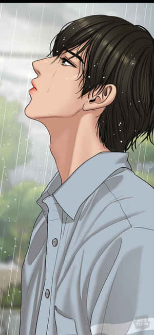 動漫男孩在雨中抬頭，臉上帶著水滴。 — Honor 500 壁紙