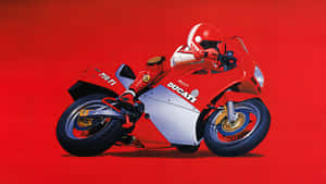 純紅色背景上，車手身穿賽車裝備的紅色Ducati 750 F1電單車。