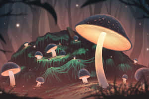 夜晚黑暗魔法森林中的發光蘑菇