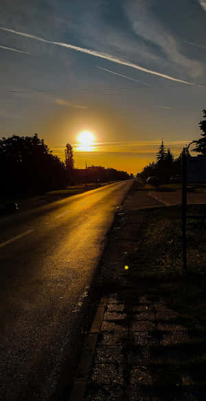 夕陽下的濕路，樹木和飛機雲在暮色天空 — 日落大道 壁紙
