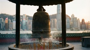 青銅寺廟鐘與香煙，映襯著閃耀的城市天際線在日落時分。