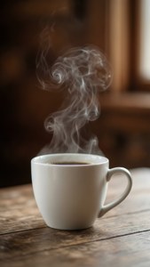 熱咖啡喺白色杯入面冒煙，放喺窗邊嘅木枱上。