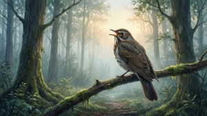 一隻鳥在長滿苔蘚的樹枝上歌唱，迷霧森林中陽光穿過樹木。