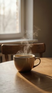 冒著熱氣的咖啡杯放在窗邊木桌上，陽光照射