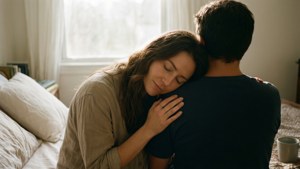 在舒適的臥室中，一位女士從背後擁抱一位男士。