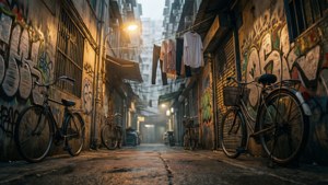 夜晚街燈下，建築物之間掛著衣服和自行車的塗鴉小巷。