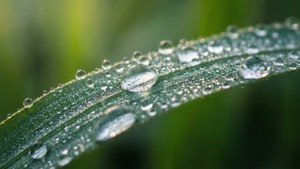 一片綠葉覆蓋著閃閃發光的露珠，背景是模糊的草地。