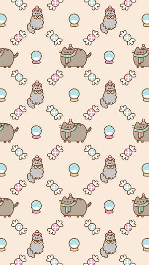 Pusheen 貓咪穿著冬季裝備，配上雪球和糖果，在粉彩背景上。