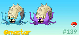 兩隻 Omastar 寶可夢，帶有藍色和紫色的觸手和螺旋殼，漂浮在漸變藍色的天空中。 — 藍色美學 壁紙