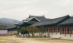 傳統韓國宮殿建築，彎曲屋頂和紅色牆壁，在多雲的天空下。