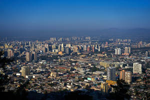 全景視角，城市密集，摩天大樓和住宅建築在晴朗藍天下。 — 藍天 壁紙