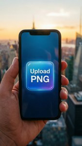 手拿著手機，上傳PNG按鈕在城市日落之上