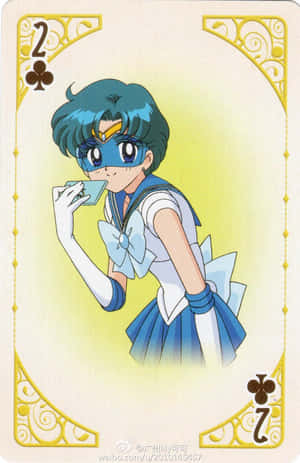 Sailor Mercury 在帶有金色裝飾邊框的撲克牌上啜飲茶。