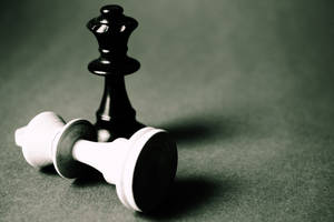 黑色國際象棋國王站在倒下的白色皇后之上，綠色氈面。