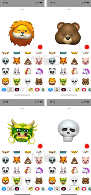 iPhone 表情符號鍵盤顯示獅子、熊、龍、骷髏頭和其他動物圖標。 — iPhone 16 Pro 壁紙