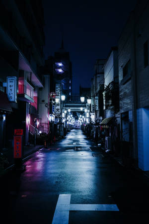 日本一條雨夜的街道，被發光的霓虹燈招牌和街燈照亮。