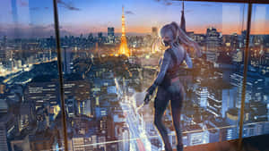 戴面具的動漫女孩從高層窗戶眺望夕陽下的東京天際線