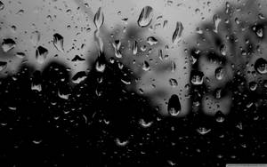 玻璃上的雨滴與灰色調中模糊的樹木剪影。