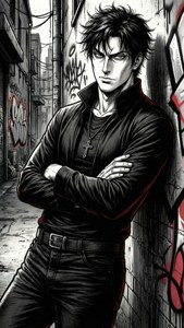 穿著黑色紅邊外套的動漫男子，在塗鴉小巷中交叉雙臂站立。