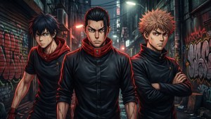 《東京卍復仇者》中Mikey、Draken與Takemichi於昏暗巷弄中的劇情群像壁紙。