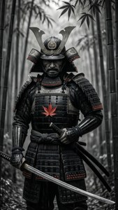 身穿黑色盔甲的武士在竹林中手持劍，胸前有紅色楓葉。 — 戰士 壁紙