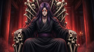紫色頭髮和發光紅眼的動漫反派坐在紅色大教堂的頭骨王座上。