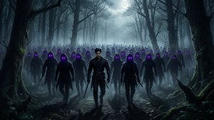 一名戰士與眼睛發光的兜帽敵人在鬧鬼的森林中行走。 — 我獨自升級 壁紙