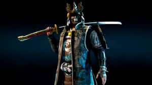 身穿藍色盔甲的武士在漆黑背景下扛著武士刀。