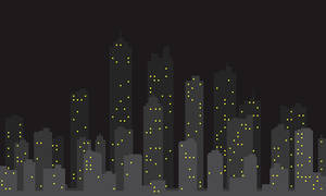 像素藝術城市景觀，夜間窗戶亮燈。 — 灰色 GIF 壁紙