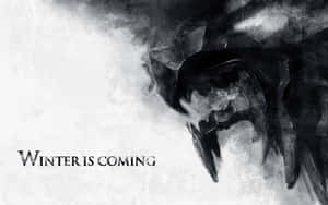 一個帶有粗體文字 winter is coming 的威脅性冰龍頭。