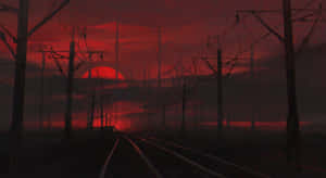 火車在鐵軌上，紅色夕陽，電線和霧氣