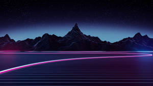 霓虹發光線條在星空夜空下的數字網格中彎曲，帶有鋸齒狀山脈。