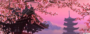 粉紅色的櫻花框住寺廟和寶塔，背景是富士山。