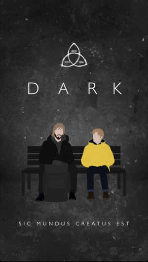 兩個人物坐在長椅上，上方有一個三曲結符號和 DARK 字樣。