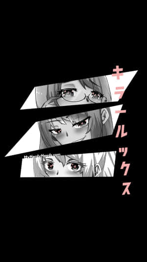 三個動漫女孩面孔，黑白碎片，帶有粉紅色文字。 — 動漫女孩 壁紙