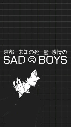 動漫男孩低頭，手放在頭上，背景為網格並帶有悲傷文字。 — 可憐動漫 壁紙