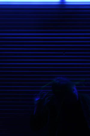 夜晚發光藍色百葉窗前的人物剪影。 — 動漫房間 壁紙
