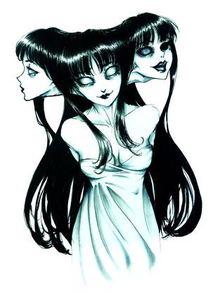 三個幽靈般的動漫女孩，長長的黑髮和蒼白的臉，在一幅令人難忘的黑白插圖中。