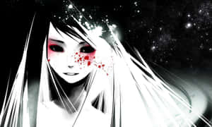 動漫女孩，白髮和紅色飛濺在繁星點點的黑色背景上。