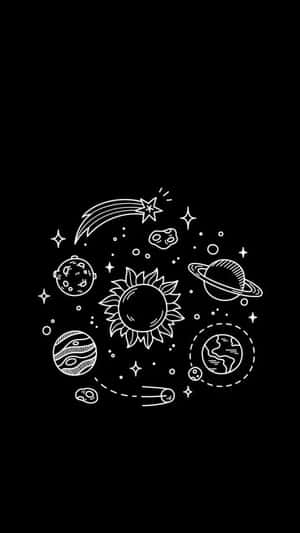 天體和星星以白色線條藝術繪製在黑色背景上。