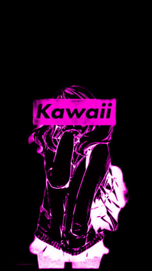 發光粉紅色動漫女孩剪影，帶有「Kawaii」文字，黑色背景。 — 粉紅動漫美學 壁紙