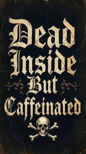 哥德式文字顯示「Dead Inside But Caffeinated」，附有咖啡豆和骷髏交叉骨。