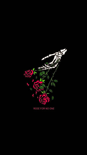 骷髏手在黑色背景上握著紅玫瑰，附有文字 rose for no one