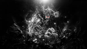 一個帶有發光紅眼和華麗盔甲的惡魔形象從黑煙中升起。 — 暗黑動漫 壁紙