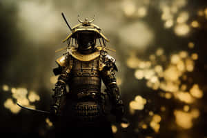 身穿金色鎧甲的武士，在發光燈光前持劍。