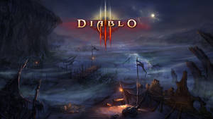 月光下的黑暗奇幻海岸廢墟，帶有發光的 Diablo III 標誌。