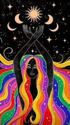 一個彩虹色頭髮的人物在星空下伸向天體符號。