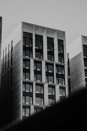 黑白城市環境中的現代混凝土建築，帶有網格窗戶 — 深色iPhone壁紙