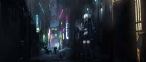 夜晚霓虹燈閃爍的賽博朋克小巷中的動漫女孩。