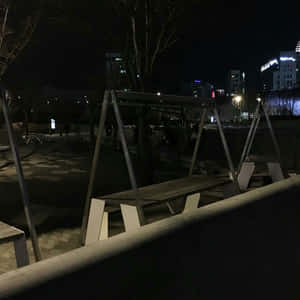 城市公園的夜景，空鞦韆和背景中燈火通明的建築物。